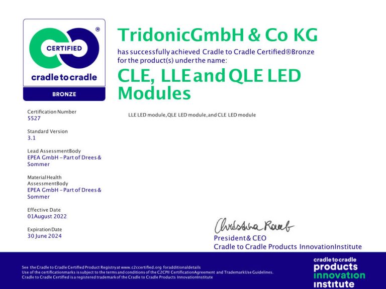 Tridonic ha obtenido el certificado de sostenibilidad Cradle to Cradle Certified® bronce